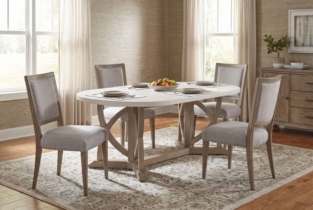 Bernards Citrus Heights 5-Piece White Trestle Dining Table Set with Sand Base-1