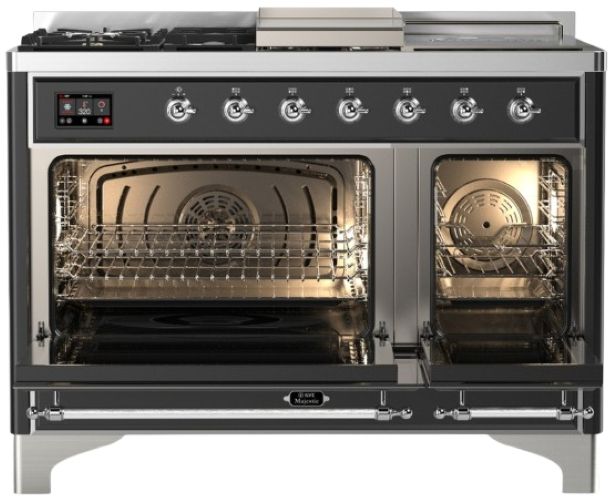 Ilve® Majestic III 48" Graphite Matte Pro Style Dual Fuel Liquid Propane Range with French Top and Chrome Trim-1