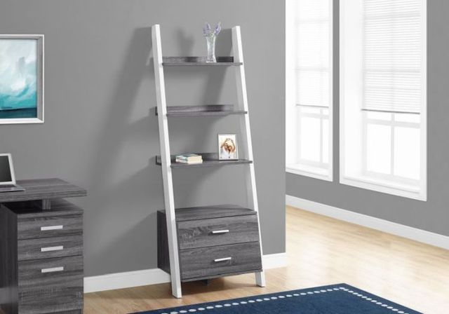 Monarch Specialties Inc. 69"H Grey-White Ladder with 2 Storage Drawers-2