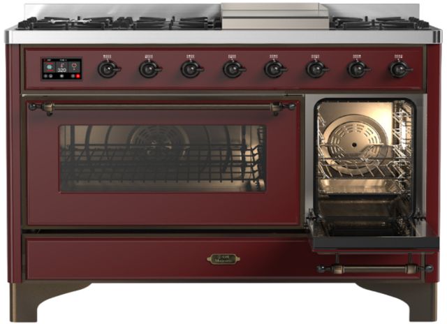 Ilve® Majestic III 48" Burgundy Pro Style Dual Fuel Natural Gas Range with Triple Glass Door and Burnished Trim-3