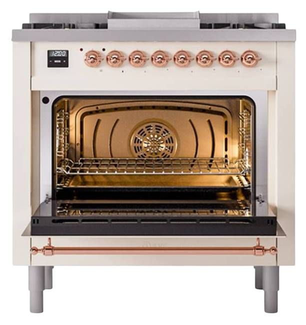 Ilve® Nostalgie II Noblesse 36'' Antique White Pro Style Dual Fuel Range with Copper Trim-1