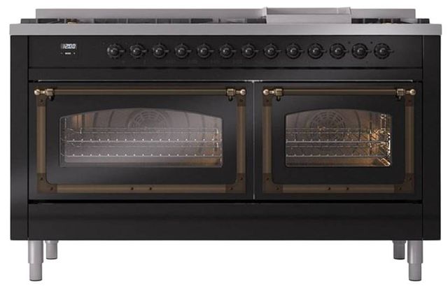 Ilve® Nostalgie II Noblesse 60'' Glossy Black Pro Style Dual Fuel Range with Burnished Trim-1