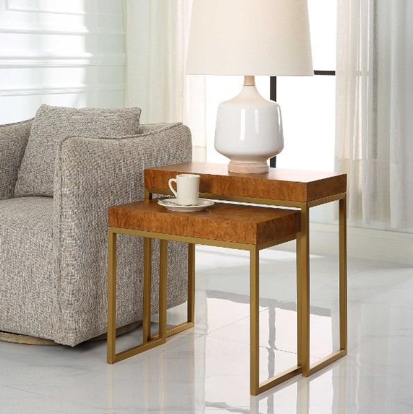 Uttermost® Burl-esque Brown 2-Piece Nesting Table with Brushed Brass Frame-1