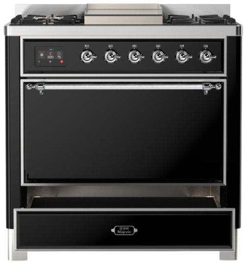 Ilve® Majestic III 36" Glossy Black Pro Style Dual Fuel Liquid Propane Range with Solid Door and Chrome Trim-2