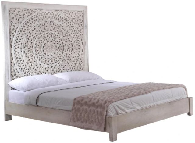 Jaipur Furniture Carved Lace White Wash Queen Panel Bed-0