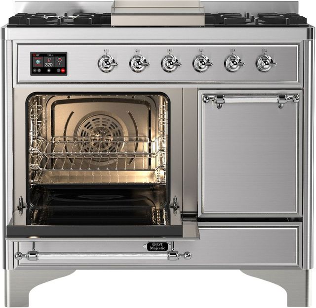 Ilve® Majestic III 40" Stainless Steel Pro Style Dual Fuel Liquid Propane Range with Solid Door and Chrome Trim-2