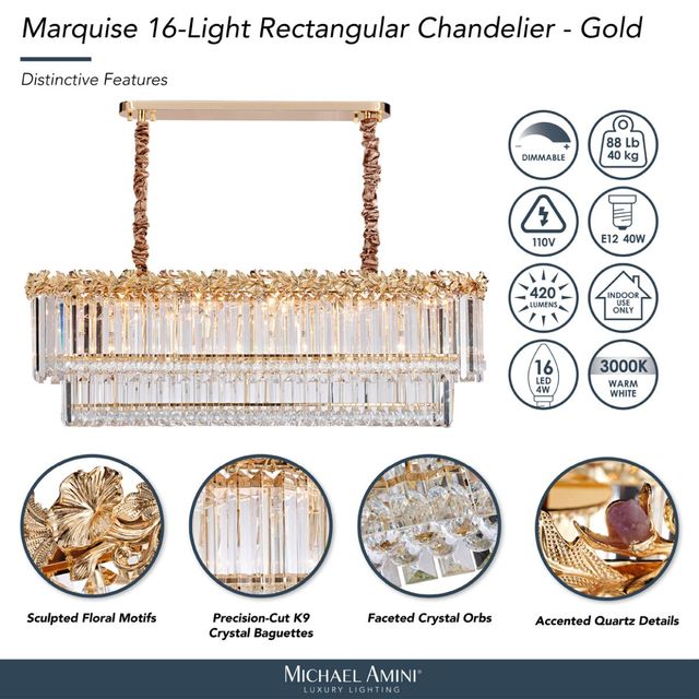 Michael Amini® Marquise Gold 16-Light Rectangular Chandelier-3
