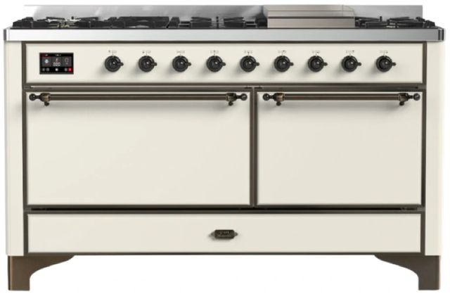 Ilve® Majestic III 60" Antique White Pro Style Dual Fuel Liquid Propane Range with Solid Door and Burnished Trim-0