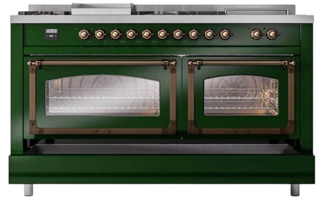 Ilve® Nostalgie II Noblesse 60'' Emerald Green Pro Style Dual Fuel Range with Burnished Trim-3