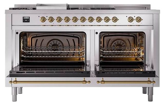 Ilve® Nostalgie II Noblesse 60'' Stainless Steel Pro Style Dual Fuel Range with Brass Trim-1