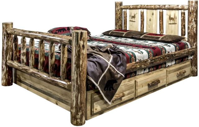 Montana Woodworks® Glacier Country Stain & Clear Lacquer California King Storage Bed with Laser Engraved Elk Design-3