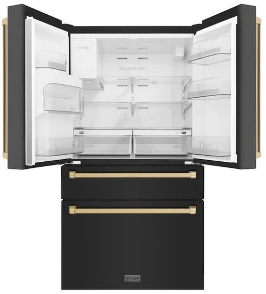 ZLINE Autograph Edition 36" 21.6 Cu. Ft Fingerprint Resistant Black Stainless Steel Counter Depth French Door Refrigerator with Polished Gold Traditional Handles-3