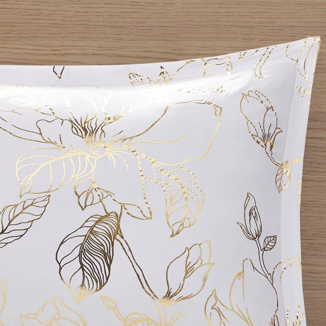 Olliix by Intelligent Design Magnolia Gold King/California King Metallic Printed Floral Comforter Set-4