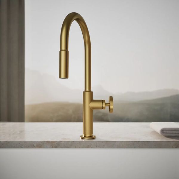 KOHLER® Billet® Vibrant Brushed Moderne Brass Kitchen Sink Faucet with 2-Function Sprayhead and Round Handle-3