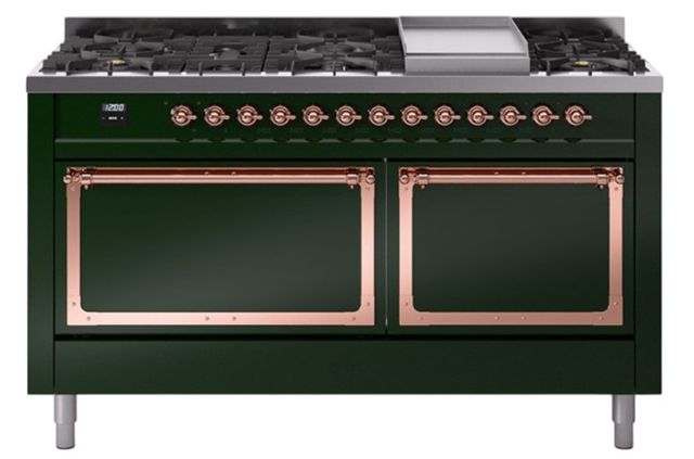 Ilve® Nostalgie II Noblesse 60'' Emerald Green Pro Style Dual Fuel Range with Copper Trim-0