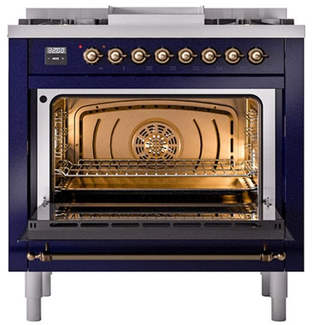 Ilve® Nostalgie II Noblesse 36'' Midnight Blue Pro Style Dual Fuel Range with Burnished Trim-2