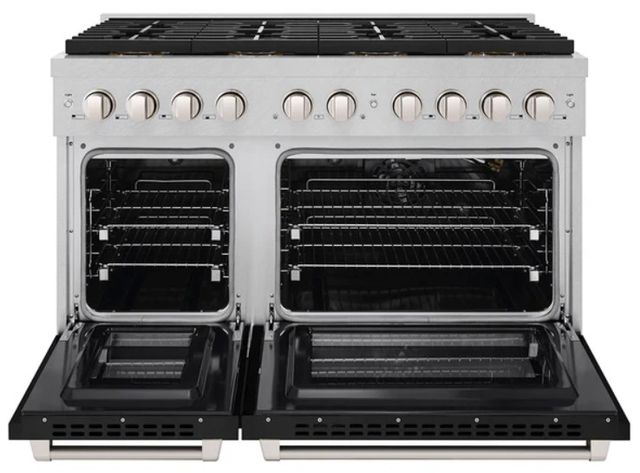 ZLINE Paramount 48" 6.7 Cu. Ft. Satin Stainless Steel Gas Range with 8 Burner DuoPro™ Cooktop and Convection Gas Oven with Black Matte Door-1