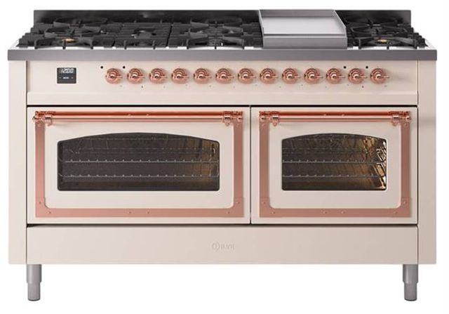 Ilve® Nostalgie II Noblesse 60'' Antique White Pro Style Dual Fuel Range with Copper Trim-0
