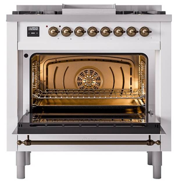 Ilve® Nostalgie II Noblesse 36'' White Pro Style Dual Fuel Range with Burnished Trim-1
