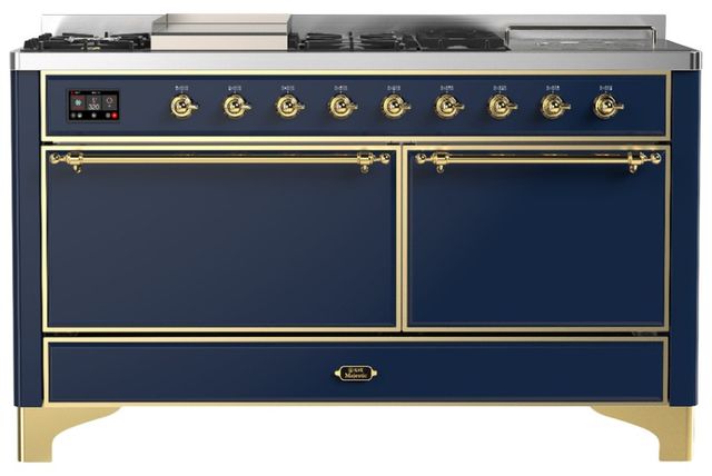Ilve® Majestic III 60" Midnight Blue Pro Style Dual Fuel Natural Gas Range with Solid Door and Brass Trim-0