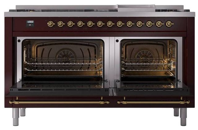 Ilve® Nostalgie II Noblesse 60'' Burgundy Pro Style Dual Fuel Range with Brass Trim-2