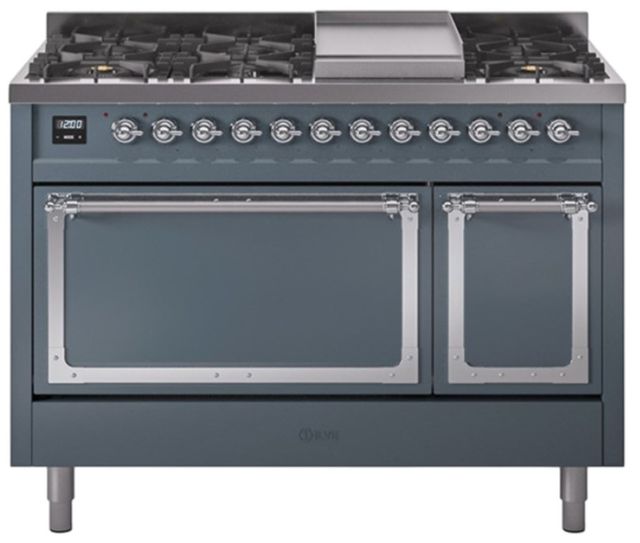 Ilve® Nostalgie II Noblesse 48'' Blue Gray Pro Style Dual Fuel Range with Chrome Trim-0