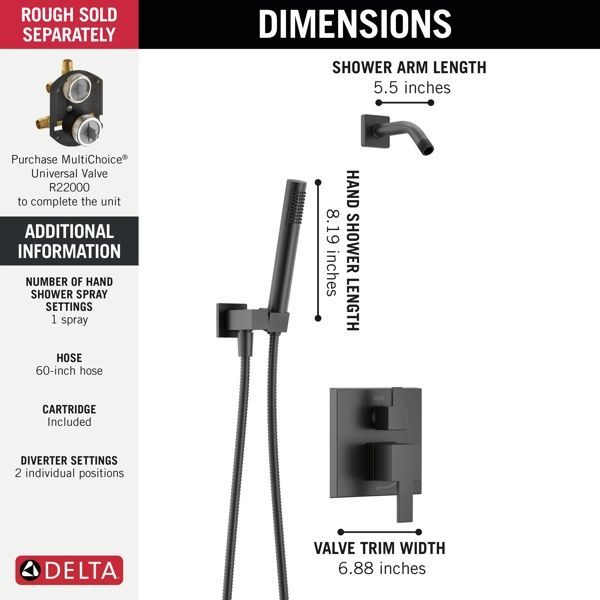 Delta Modern 14S Matte Black Less Head Shower Trim and Hand Shower-2