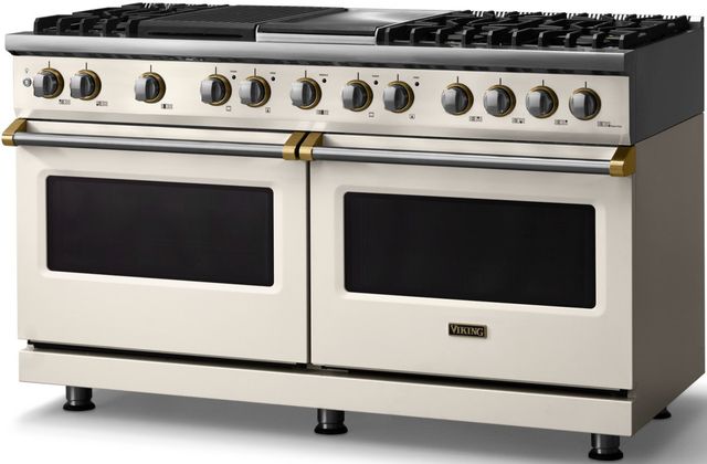 Viking® 5 Series 60" Pure White Pro Style Dual Fuel (LP) Range with Brushed Brass Trim-2
