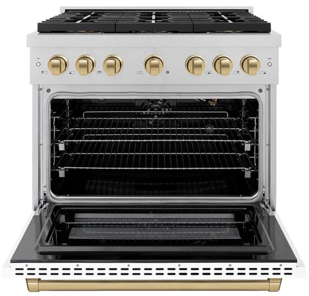 ZLINE Autograph Edition Paramount 36" 5.2 Cu. Ft. Satin Stainless Steel Gas Range with 6 Burner DuoPro™ Cooktop, Convection Gas Oven, White Matte Door and Champagne Bronze Accents-1