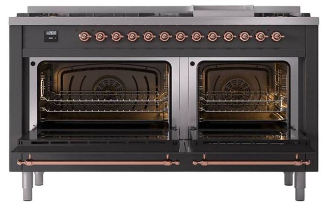 Ilve® Nostalgie II Noblesse 60'' Graphite Matte Pro Style Dual Fuel Range with Copper Trim-2