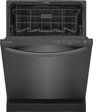 Front view of a slightly opened Frigidaire 24" Black Stainless Steel Top Control Built In Dishwasher