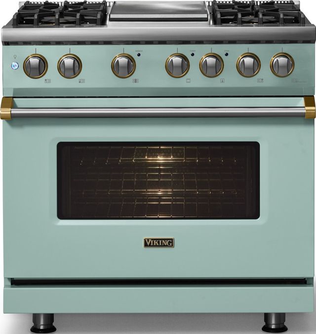 Viking® 5 Series 36" Splash Pro Style Dual Fuel (NG) Range with Brushed Brass Trim-2
