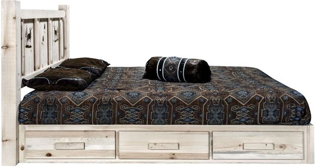 Montana Woodworks® Homestead Clear Lacquer Queen Platform Storage Bed with Laser Engraved Elk Design-2