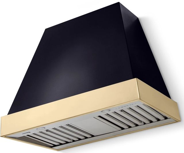 La Cornue CornuFé Euclid 36" Gloss Black Wall Mounted Range Hood with Polished Brass Trim-0