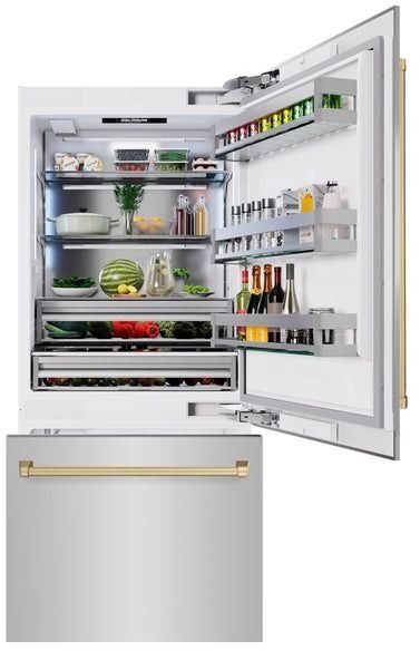 ZLINE Autograph Edition 36" 19.8 Cu. Ft. Stainless Steel Built In Bottom Freezer Refrigerator with Graphite Gray Interior and Champagne Bronze Accents-2