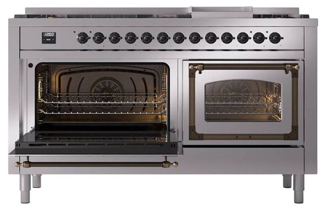 Ilve® Nostalgie II Noblesse 60'' Stainless Steel Pro Style Dual Fuel Range with Burnished Trim-3