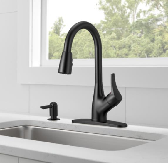 Peerless Retail Channel Product Matte Black Single Handle Pull-Down Kitchen Faucet with Soap Dispenser