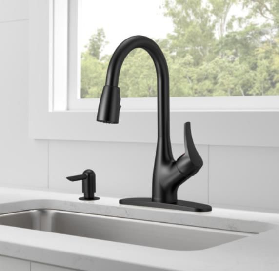 Peerless Retail Channel Product Matte Black Single Handle Pull-Down Kitchen Faucet with Soap Dispenser-0