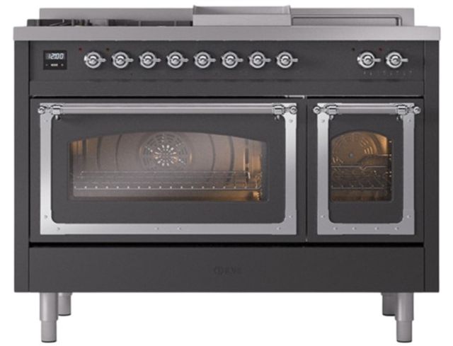 Ilve® Nostalgie II Noblesse 48'' Graphite Matte Pro Style Dual Fuel Range with Chrome Trim-1