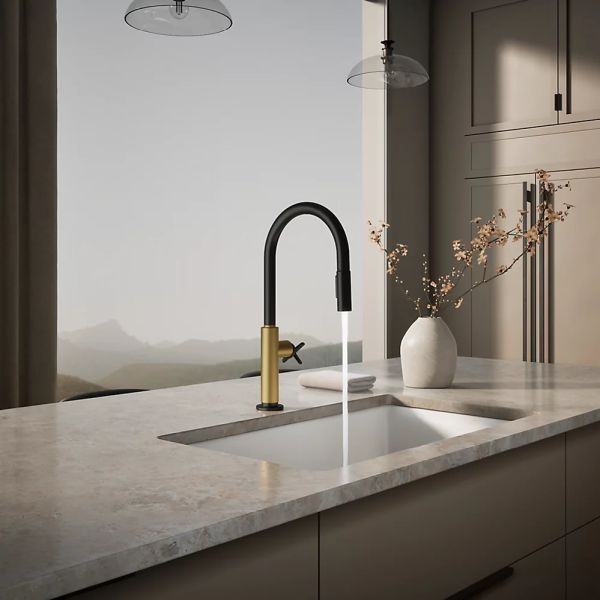 KOHLER® Billet® Brushed Moderne Brass/Matte Black Kitchen Sink Faucet with 2-Function Sprayhead and Cross Handle-2