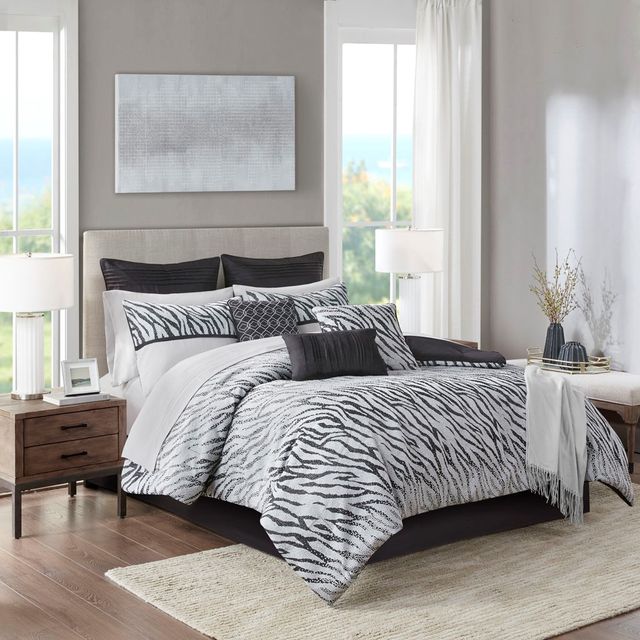 Olliix by Madison Park Sahara 14 Piece Jacquard Complete Black King Bedding Set Bonus Throw Euro Shams-1