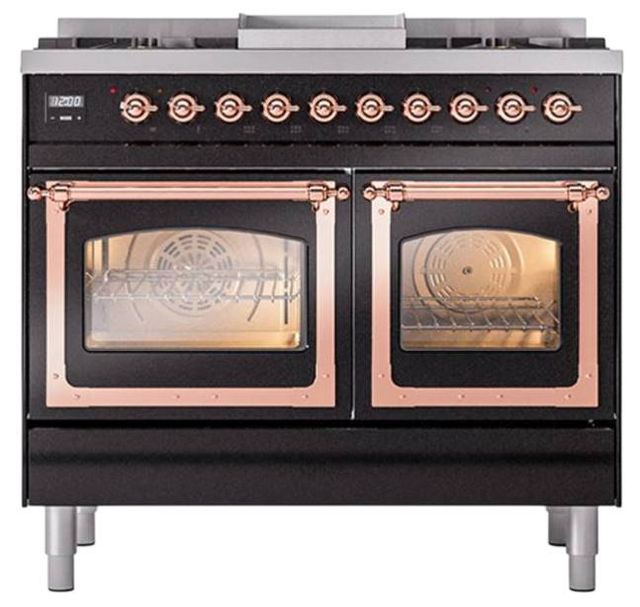 Ilve® Nostalgie II Noblesse 40'' Glossy Black Pro Style Dual Fuel Range with Copper Trim-1