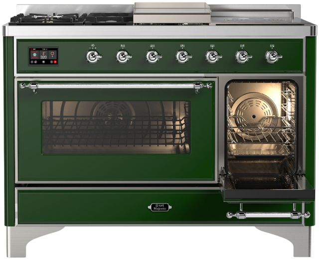 Ilve® Majestic III 48" Emerald Green Pro Style Dual Fuel Natural Gas Range with 5 Black Brass Burners and Chrome Trim-3