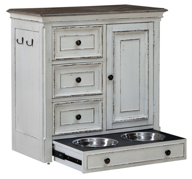 Liberty Furniture Magnolia Manor Antique White/Weathered Bark Pet Feeder Cabinet-3