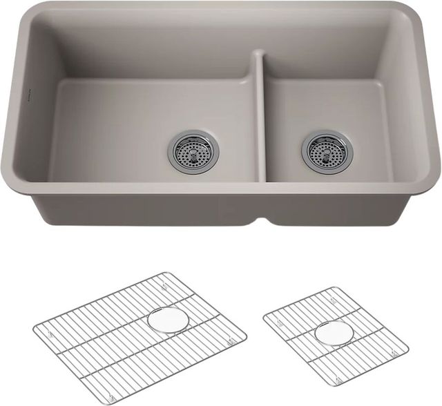 KOHLER® Cairn® Matte Taupe Smart Divide® 34" Undermount Double-Bowl Kitchen Sink-0