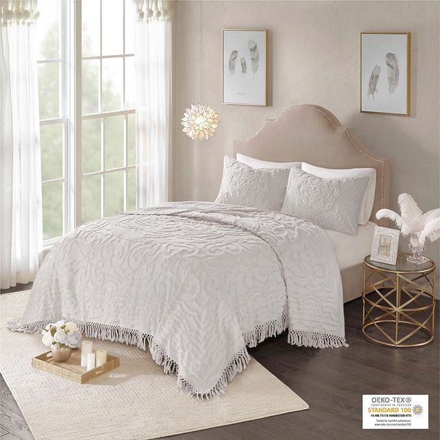 Olliix by Madison Park Grey King/California King Laetitia Tufted Cotton Chenille Medallion Fringe Coverlet Set-1