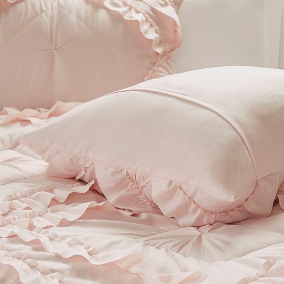 Olliix by Intelligent Design Kacie Blush Full/Queen Solid Coverlet Set with Tufted Diamond Ruffles-2