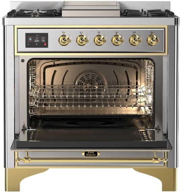 Ilve® Majestic III 36'' Stainless Steel Pro Style Dual Fuel Liquid Propane Range with Triple Glass Door and Brass Trim-1