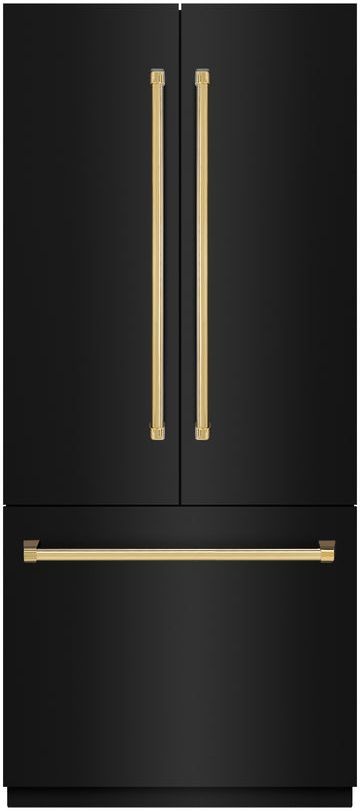 ZLINE Autograph Edition 36" 19.6 Cu. Ft. Black Stainless Steel Built-In French Door Refrigerator with Polished Gold Accents-0