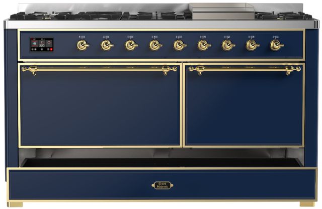 Ilve® Majestic III 60" Midnight Blue Pro Style Dual Fuel Liquid Propane Range with Solid Door and Brass Trim-1
